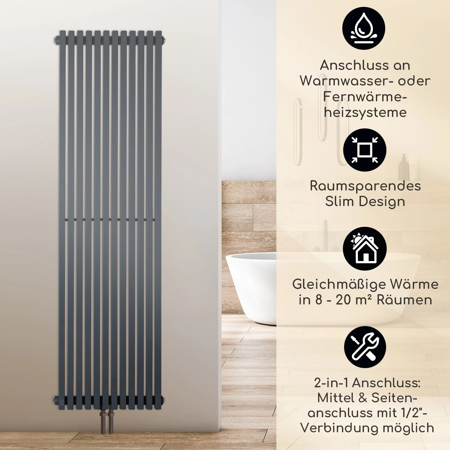 Delgado 160 X 45 Heizkörper 822W Warmwasser 1/2" 8-20m² Grau 2 Delgado 160 X 45 Heizkörper 822W Warmwasser 1/2" 8-20m² Grau – Bild 2