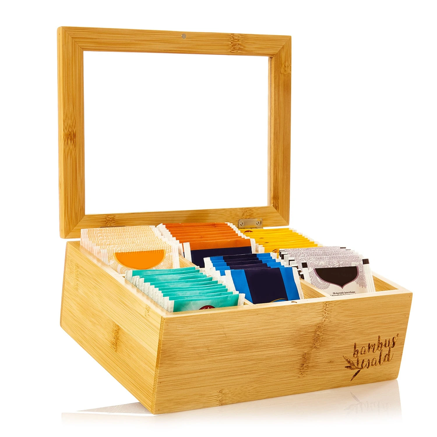 Teebox 6 Fächer 90 Teebeutel Kunststoff-Sichtfenster Bambus 1 Teebox 6 Fächer 90 Teebeutel Kunststoff-Sichtfenster Bambus