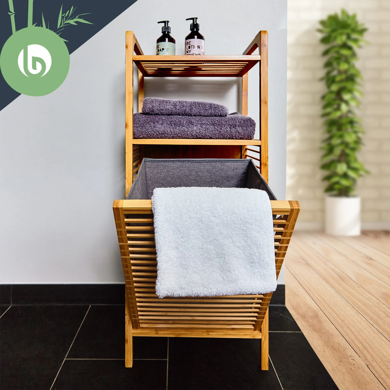 2-in-1 Standregal 2 Ablagefächer Herausnehmbarer Korb Bambus Baumwolle 6 2-in-1 Standregal 2 Ablagefächer Herausnehmbarer Korb Bambus Baumwolle – Bild 6