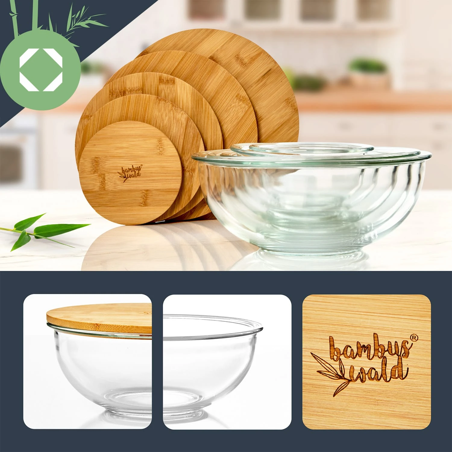 Glasschüssel 5er-Set Bambusdeckel Verschließbar BPA-frei Stapelbar 2 Glasschüssel 5er-Set Bambusdeckel Verschließbar BPA-frei Stapelbar – Bild 2