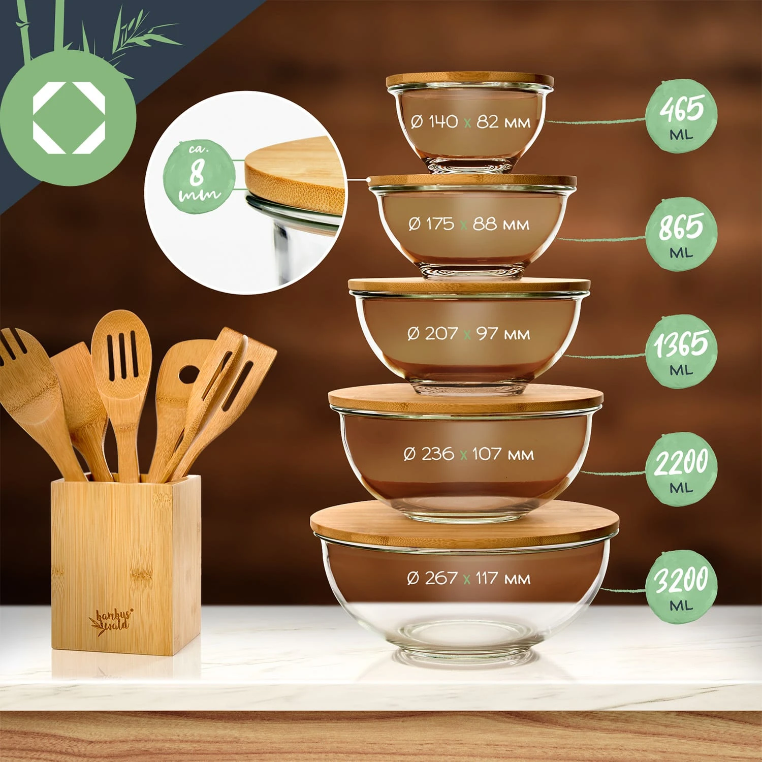 Glasschüssel 5er-Set Bambusdeckel Verschließbar BPA-frei Stapelbar 8 Glasschüssel 5er-Set Bambusdeckel Verschließbar BPA-frei Stapelbar – Bild 8