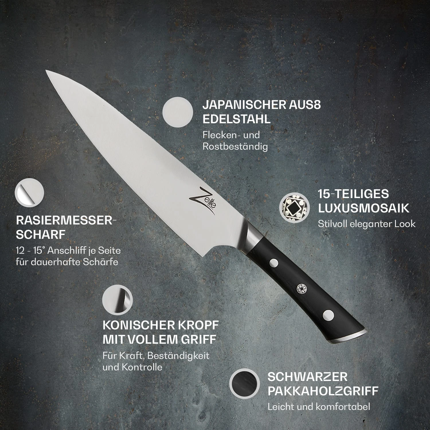 Razor-Edge Serie 8" Kochmesser 59 HRC Edelstahl 2 Razor-Edge Serie 8" Kochmesser 59 HRC Edelstahl – Bild 2