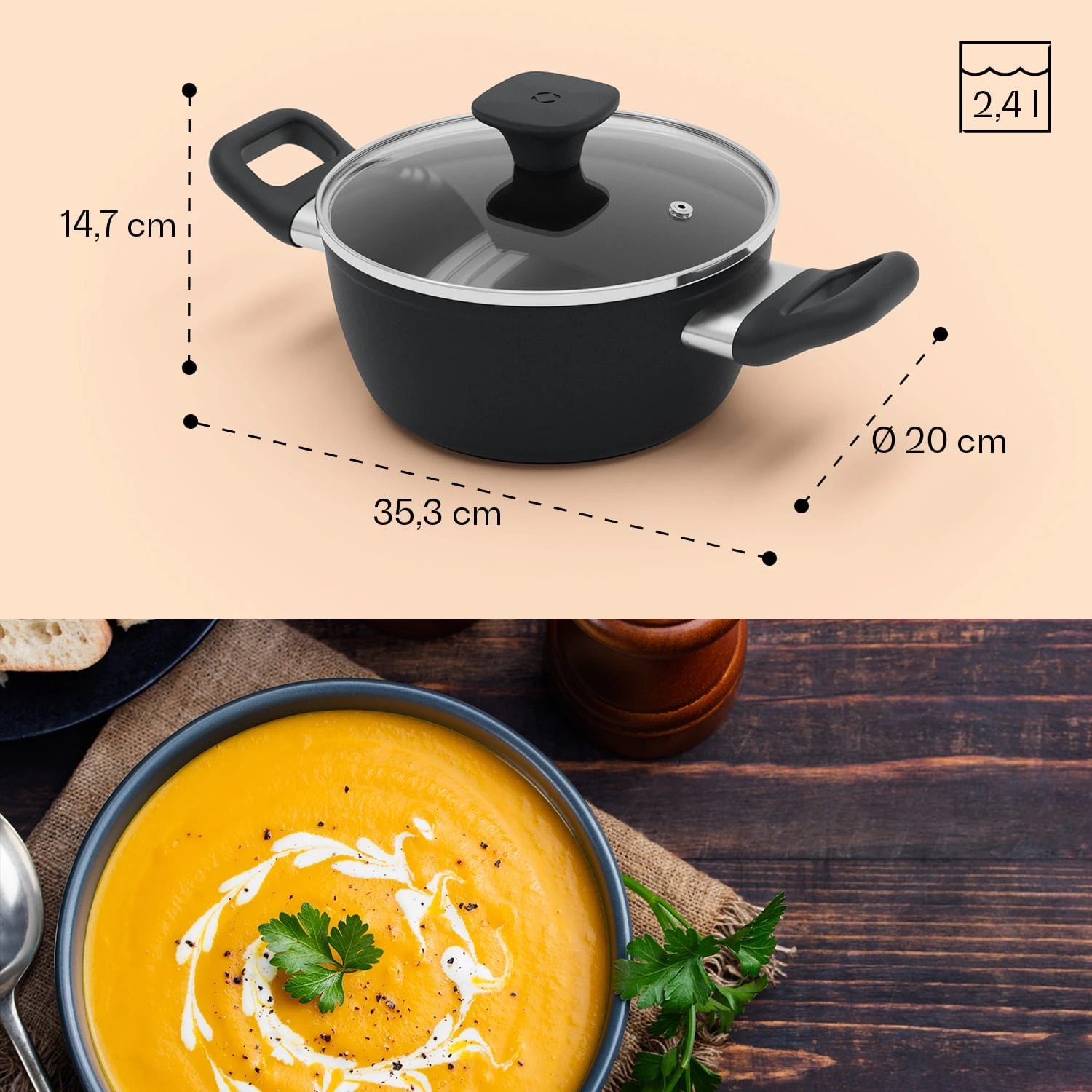 Noto Endurance Kochtopf Ø20cm Geschmiedetes Aluminium Deckel Induktion PTFE-Antihaftbeschichtung 9 Noto Endurance Kochtopf Ø20cm Geschmiedetes Aluminium Deckel Induktion PTFE-Antihaftbeschichtung – Bild 9