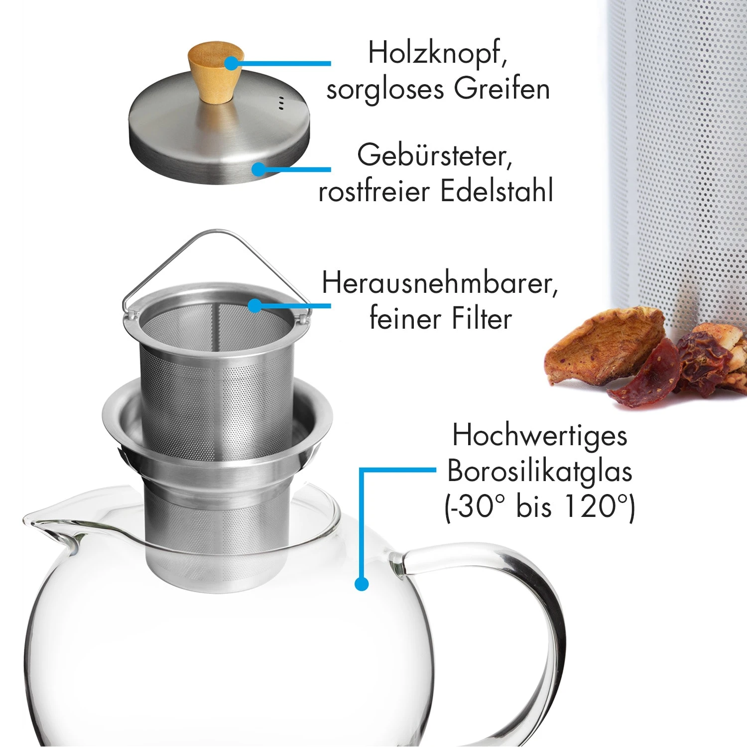 Sencha Teekanne 1,8 L Edelstahl-Siebeinsatz Borosilikatglas Deckel 6 Sencha Teekanne 1,8 L Edelstahl-Siebeinsatz Borosilikatglas Deckel – Bild 6