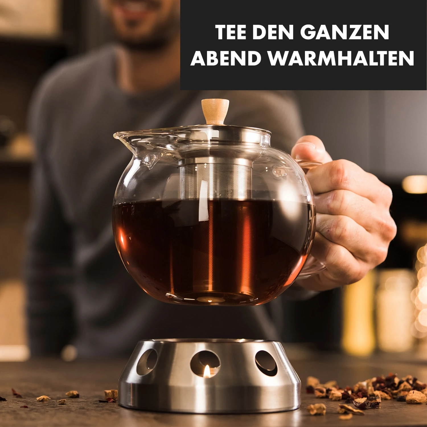 Sencha Design-Teekanne Mit Hibiscus Edelstahl-Stövchen 1,3 L Siebeinsatz 2 Sencha Design-Teekanne Mit Hibiscus Edelstahl-Stövchen 1,3 L Siebeinsatz – Bild 2