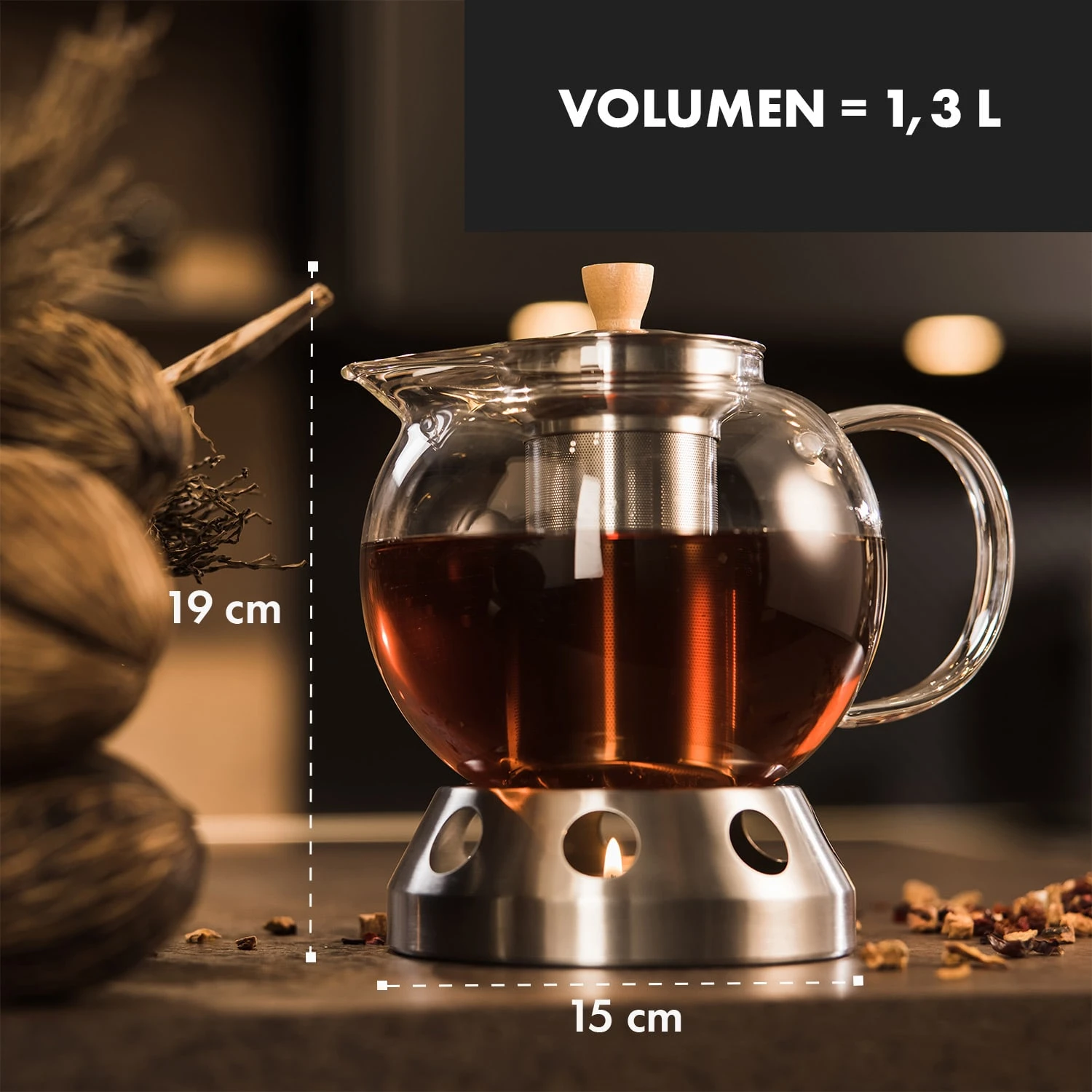 Sencha Design-Teekanne Mit Hibiscus Edelstahl-Stövchen 1,3 L Siebeinsatz 7 Sencha Design-Teekanne Mit Hibiscus Edelstahl-Stövchen 1,3 L Siebeinsatz – Bild 7